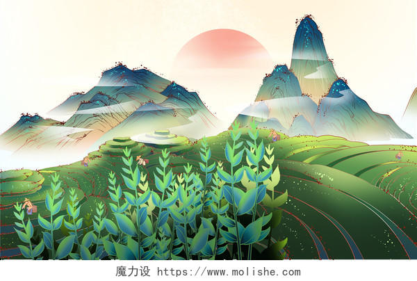 中国风卡通茶文化茶叶插画背景